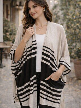 H&M Boho Striped Poncho Cardigan | Open Front Neutral Layer | XS–M Fit